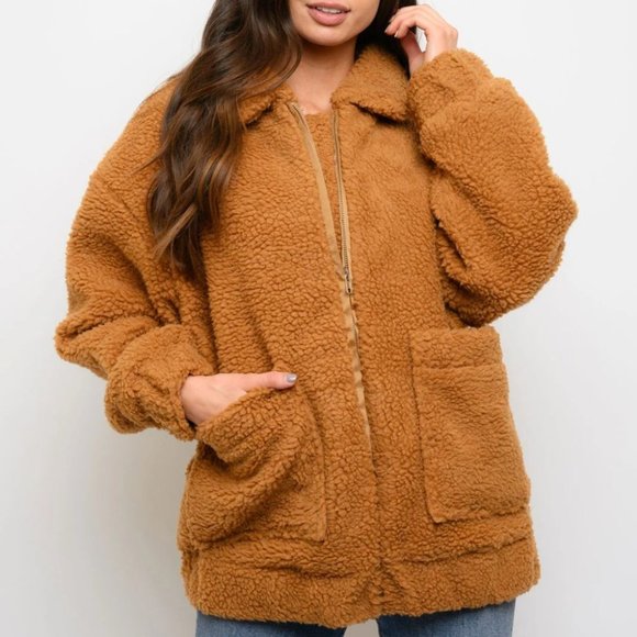 Camel WOMEN'S FAUX FUR POCKETS ZIPPER CLOSURE JACK - Picture 7 of 7
